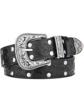 Women Black PU Leather Belt Western Cowboy Cowgirl Vintage Belt Engraved Rivet